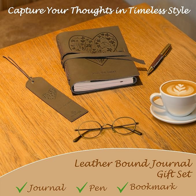 Sovereign-Gear Heart Embossed Leather Journal Gift Set – Handmade Leather Notebook with Pen & Bookmark | Writing Journal for Men & Women | Sentimental Gift Box for Anniversary, Valentine’s or Birthday