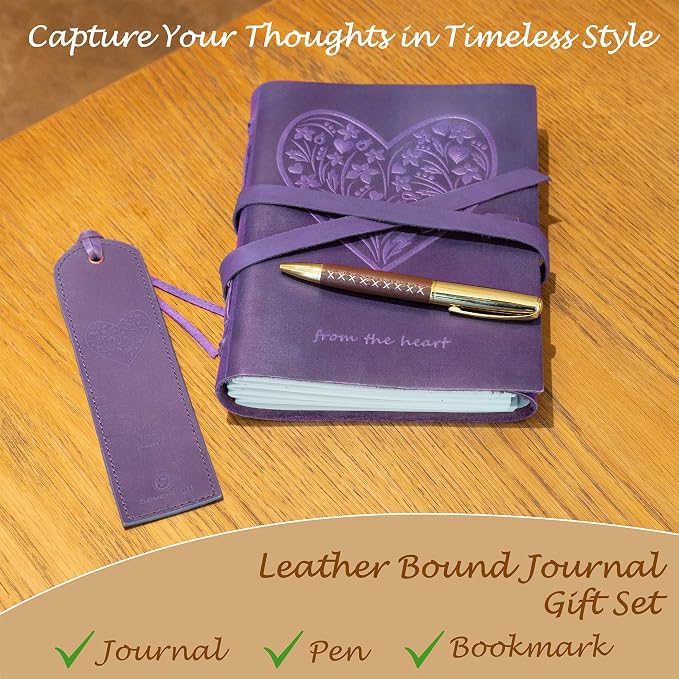 Sovereign-Gear Purple Heart Leather Journal Gift Set – Embossed Buffalo Leather Notebook + Bookmark & Pen - Romantic Writing Journal for Women - Premium Gift Box for Valentine’s, Anniversary, Birthday