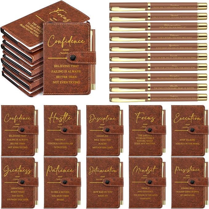 Tenceur 10 Sets Inspirational Gifts Bulk Leather Notebooks Pens with Growth Motivational Quotes for Employee Students Prizes Back to School Encouragement Appreciation Gifts (Brown)