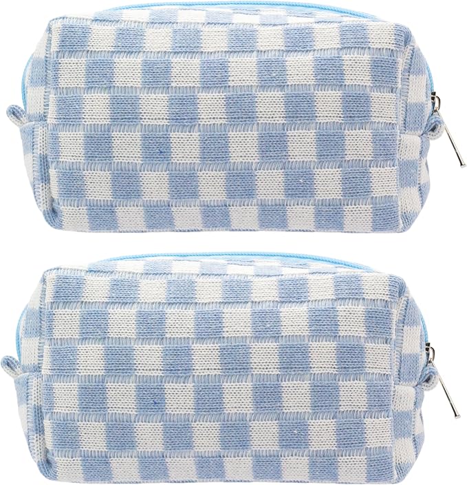 Checkered Makeup Bag for Purse, Small Travel Cosmetic Pouch,Blue,2 Pack | Cute Zipper Makeup Organizer for Women, Travel Essentials, Toiletries, Makeup Brushes, Beauty Accessories&Bridesmaid Gifts