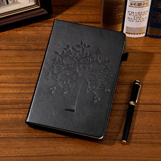 CAGIE Leather Bound Journal for Men & Women, A5 Lined Notebook with 320 Numbered Pages, 100 GSM Thick Paper, Lay Flat Hardcover Journal for Writing, Work, Travel & Daily Use (Black)
