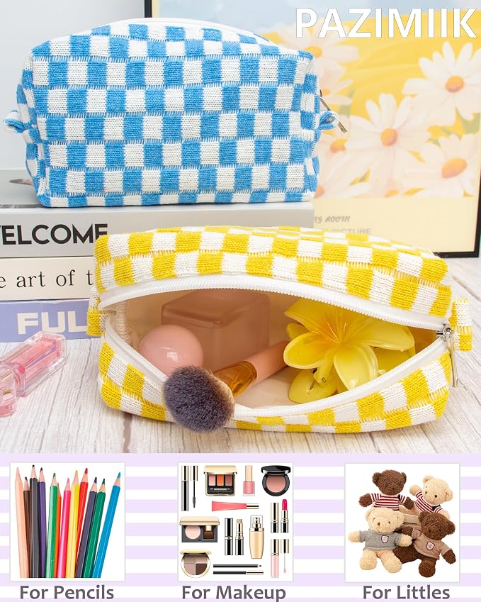 PAZIMIIK Checkered Makeup Bag for Purse, Small Travel Cosmetic Pouch,Yellow | Cute Zipper Makeup Organizer for Women, Travel Essentials, Toiletries, Makeup Brushes, Beauty Accessories&Bridesmaid Gifts