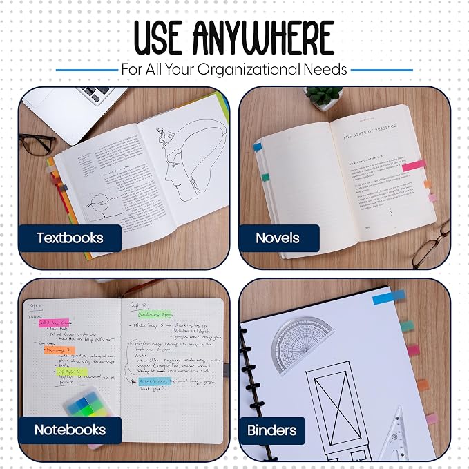 Essex Wares - 300 Pieces - Transparent Sticky Notes Tabs with Case - 5 Bright Colors - 3 Cases - 1.8" x 0.4" - 60 Pieces Each Color - Pop Up Index Tabs - Book Flags for Annotating - Book Sticky Tabs