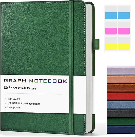 A5 Leather Hardcover Graph Paper Notebook, 160 Pages (5 Squares/Inch), 180° Lay-Flat Binding, 100 GSM Thick Paper, for Math, Engineering, Students & Technical Work (Green)