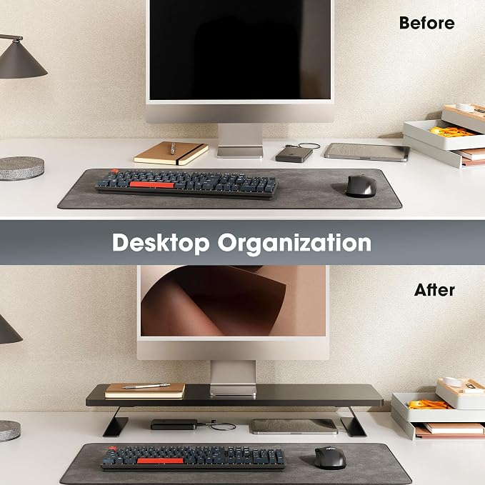 Fenge Monitor Stand Riser, Wooden & Metal Desk Shelf Organizer, Black | 31.5 Inch Computer Stand for Compact Work Station, Multifunctional Monitor Shelf for Laptop, PC, Printer