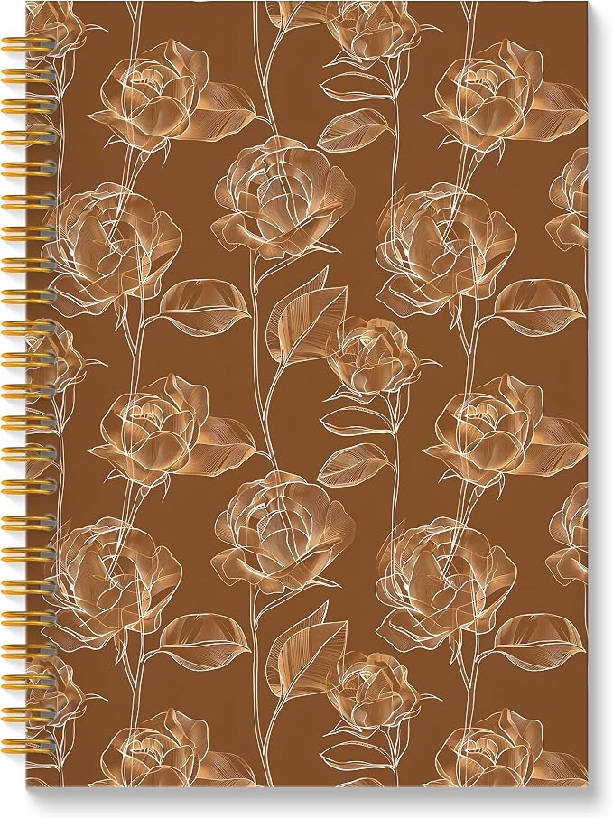 Dark Brown Rose Floral Spiral Notebook, Modern Abstract Botanical Journal, Neoclassical Luxury Minimalist Flower Hardcover Notebook Journal, 5.5x8.3 Inch