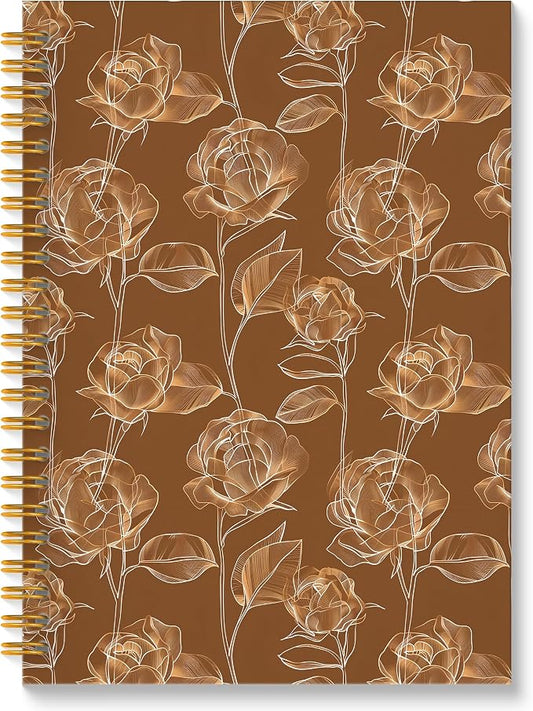 Dark Brown Rose Floral Spiral Notebook, Modern Abstract Botanical Journal, Neoclassical Luxury Minimalist Flower Hardcover Notebook Journal, 5.5x8.3 Inch