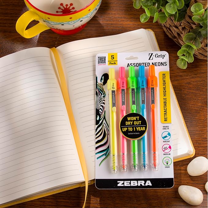 Zebra Pen Z-Grip Retractable Highlighter, Assorted, Chisel Tip, 5-Pack | Metal Clip, Ideal for School, Office and Teacher Supplies, Note-Taking, Studying, and Planners, Transparent Barrel (71205)