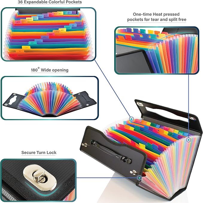 CNK Accordion File Folders with 36 Pockets Organizer for Document Paper Storage Folder Documents Expanding Binder Folio Pocket Receipt Filing Expandable Files Dividers Labels Letter Durable Handle
