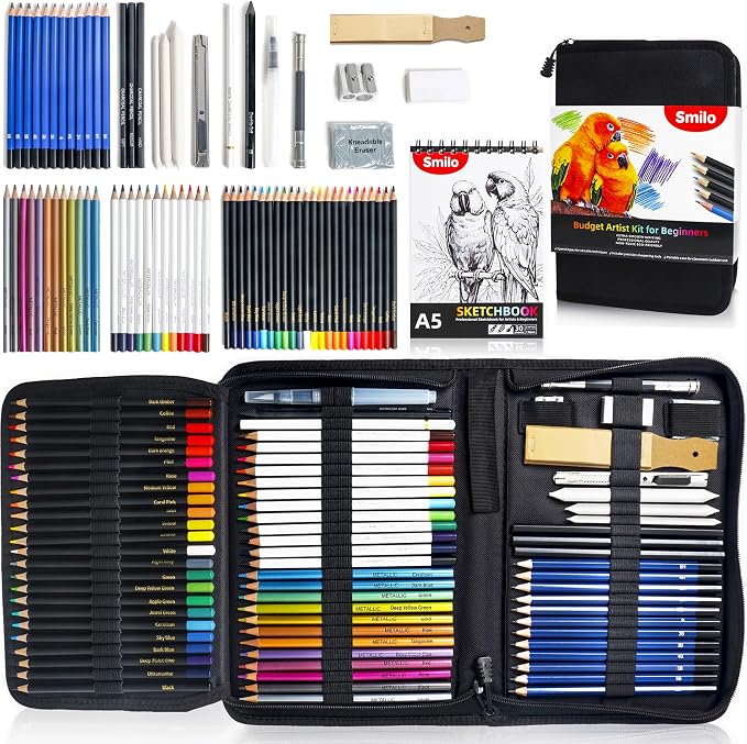 Smilo 76-Piece Art Supplies Sketching Kit with Sketchbook and Travel Case | Graphite Charcoal Watercolor Metallic and Woodless Pencils, Art Knife, Sandpaper Block, Drawing Set for Adults and Beginners