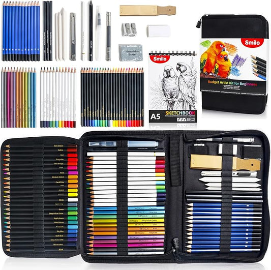 Smilo 76-Piece Art Supplies Sketching Kit with Sketchbook and Travel Case | Graphite Charcoal Watercolor Metallic and Woodless Pencils, Art Knife, Sandpaper Block, Drawing Set for Adults and Beginners
