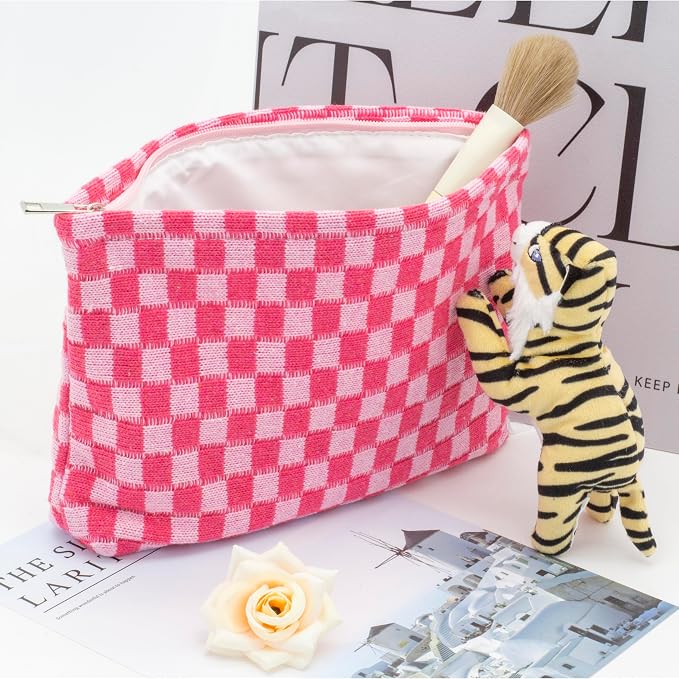 PAZIMIIK Checkered Makeup Bag for Purse, Small Flat Cosmetic Pouch,Hotpink | Cute Zipper Makeup Organizer for Women, Travel Essentials, Toiletries, Makeup Brushes, Beauty Accessories&Bridesmaid Gifts
