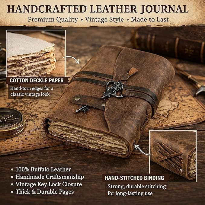 cuero Vintage Leather Journal - Handmade Refillable Leather Bound Notebook with Deckle Edge Paper, Antique Travel Diary, Writing Journal for Men & Women - Vintage Notebook Binder (8 by 6 inch)