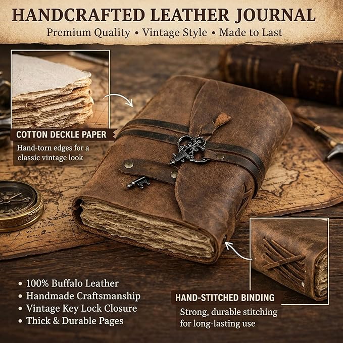 Vintage Leather Journal - Antique Handmade Leather Bound journal with deckle edge paper for Men And Women Diary - Leather Sketchbook - Drawing Journal Notebook - Great Gift (6"x 9")