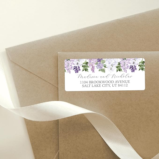 Return Address Labels Personalized with Your Choice of 30 Flower Styles - Choose Font and Font Color or Add Custom Text - Perfect for Wedding Envelopes (024 Purple Lilac Flowers)