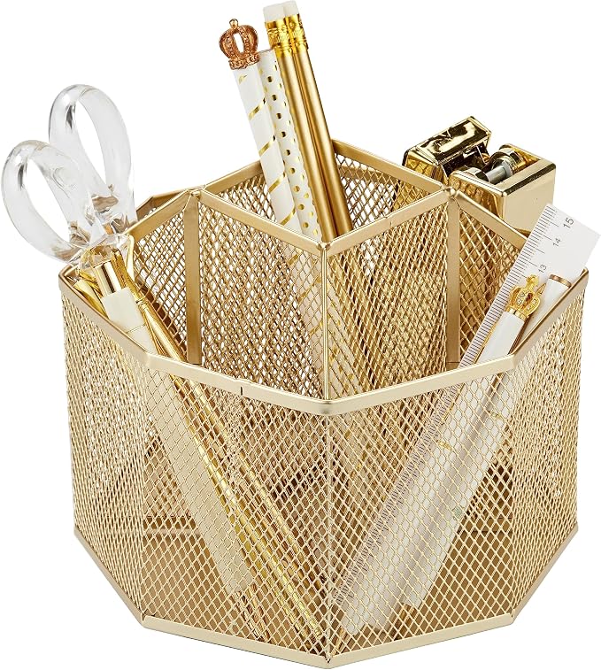 Annova Mesh Desk Organizer Rotate with 5 Compartments Spinning Tidy Candy/Pen Holder Office, Art Supply, Storage, Classroom, Home (Gold)