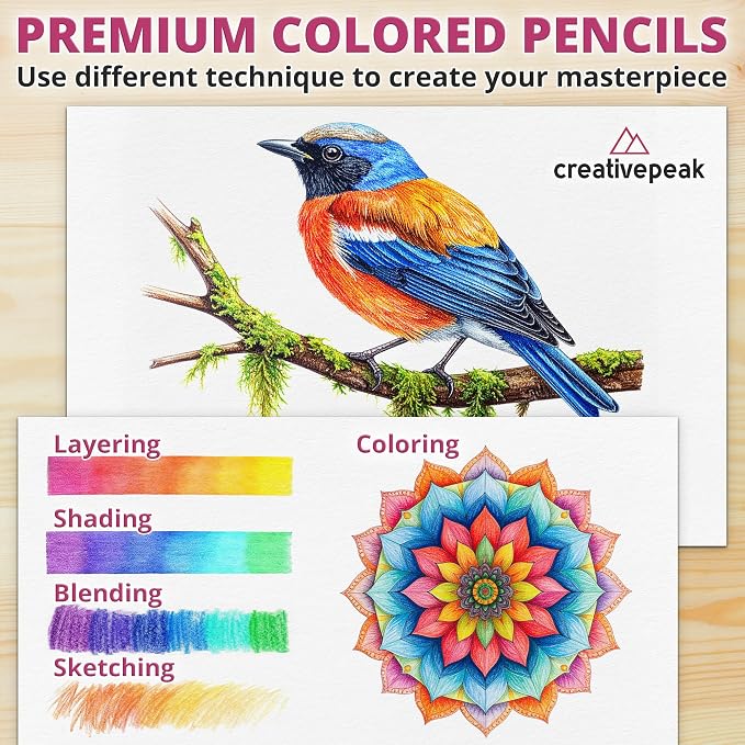Creativepeak Premium Colored Pencils for Kids & Adults Coloring Books - 72 Vibrant Colors with Swatch Card - Professional Coloring Pencil Set with Soft Wax Cores & Zip-Up Travel Case