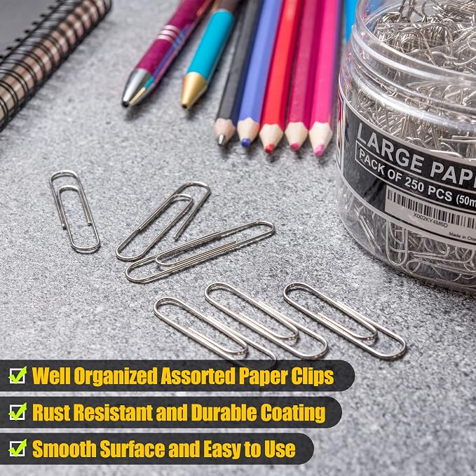 Kempshott 250 Large Paper Clips Smooth, Jumbo Paper Clips for Paperwork Ideal for Home, School and Office Use (Large, Silver)