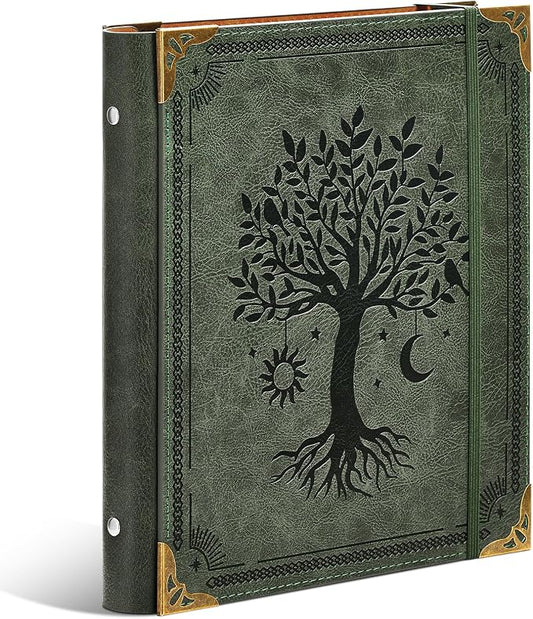 Ovesmusl PU Leather Mini 3 Ring Binder Fits 5.5" X 8.5" A5 Paper, 1 Inch Round Ring Binder Holds 200 Sheets, Notepad Paper Cover Loose Leaf Organizer, Green Tree of Life