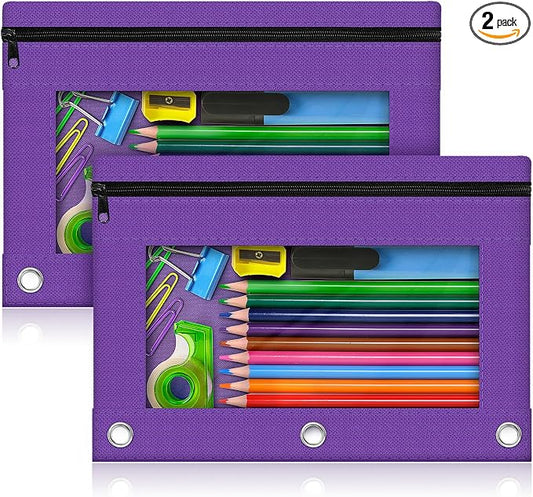 Pencil Pouch for 3 Ring Binder, 2 Pack Pencil Bags with Zipper, Purple Pencil Case for Classroom School Office Supplies, Large Sturdy and Durable Cloth Pencil Pocket for 3 Holder Binder