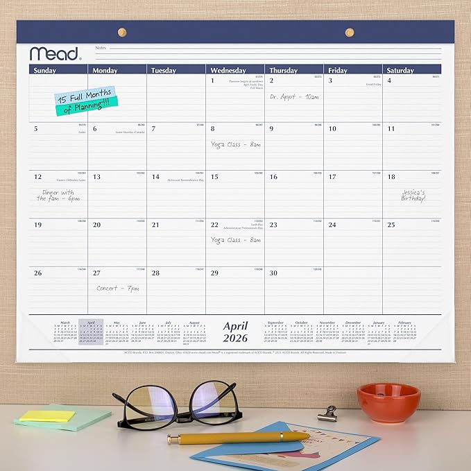 Mead Desk Calendar 2026-2027 Planning Pad, Academic 15-Month April-June, Monthly, 21.75" x 17" Standard, Ruled Daily Block (CAM92020)