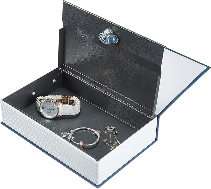 Amazon Basics Portable Diversion Book Safe, Secret Hidden Lock Box with Key Lock for Valuables, Hidden Storage Compartment Disguised as a Book, Large, Blue
