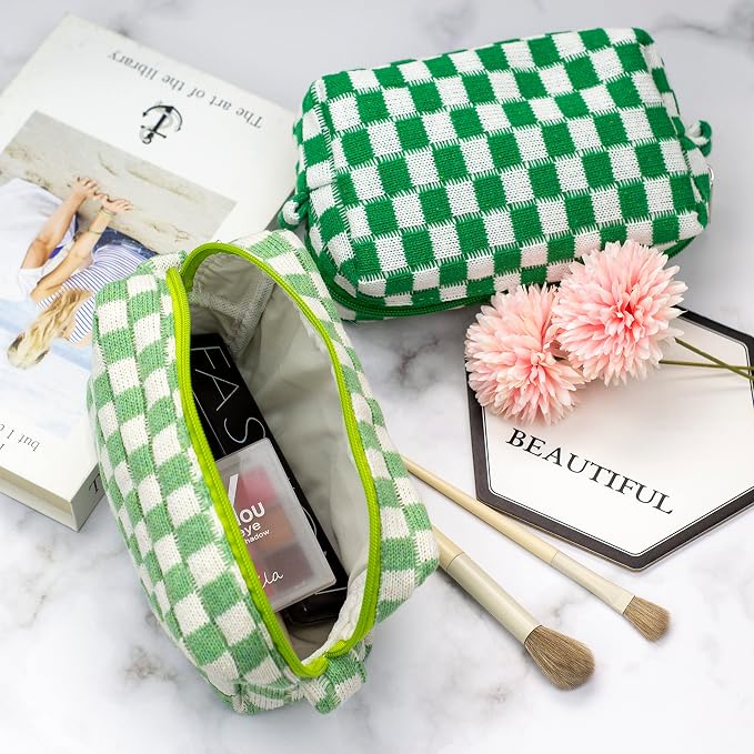 Checkered Makeup Bag for Purse, Small Cosmetic Pouch,Green Hotpink,2 Pack | Cute Zipper Makeup Organizer for Women, Travel Essentials, Toiletries, Makeup Brushes, Beauty Accessories&Bridesmaid Gifts