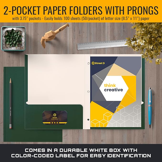 Better Office Products Dark Green 2 Pocket Folders with Prongs, 50 Pack, Letter Size, Matte Texture, 8.5 x 11 Inch