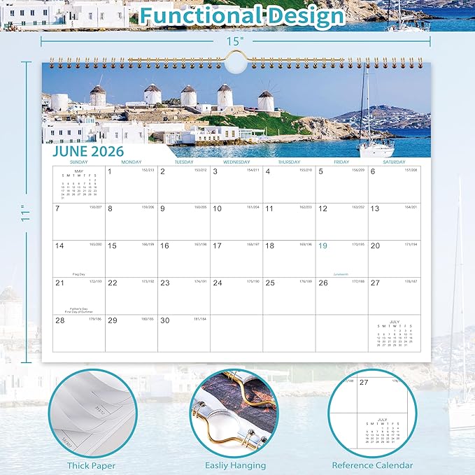 Calendar 2026-2027 - 18 Months Wall Calendar 2026-2027 | July 2026 - December 2027, 2026-2027 Calendar with 15" x 11.5" Thick Paper, Twin-Wire Binding & Hanger, Julian Dates