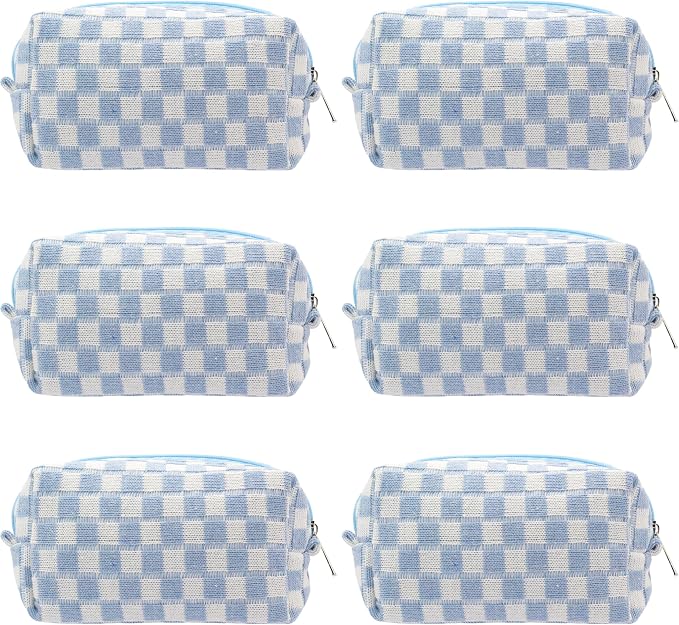 Checkered Makeup Bag for Purse, Small Travel Cosmetic Pouch,Blue,6 Pack | Cute Zipper Makeup Organizer for Women, Travel Essentials, Toiletries, Makeup Brushes, Beauty Accessories&Bridesmaid Gifts