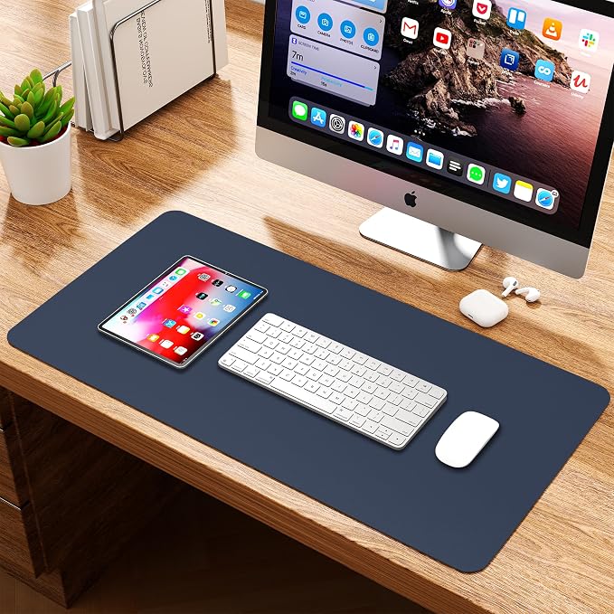 Leather Desk Pad Protector, Waterproof Mouse Pad, PU Desk Mat, Office Desk Cover, Desk Writing Mat for Office/Home/Work/Cubicle (Blue/Yellow) 23.6x13.7 in