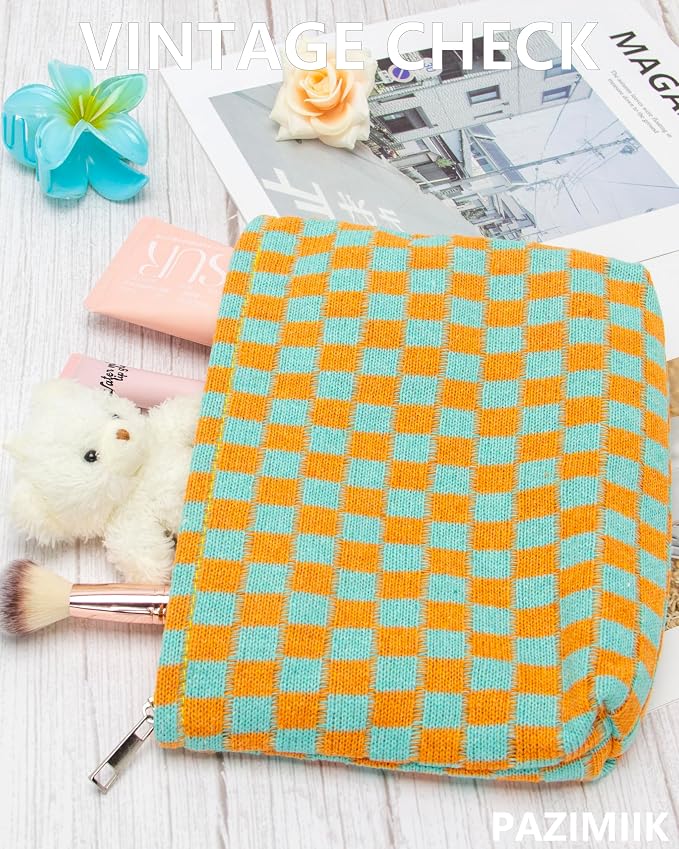 Checkered Makeup Bag for Purse, Small Flat Cosmetic Pouch,Orange Green | Cute Zipper Makeup Organizer for Women, Travel Essentials, Toiletries, Makeup Brushes, Beauty Accessories&Bridesmaid Gifts