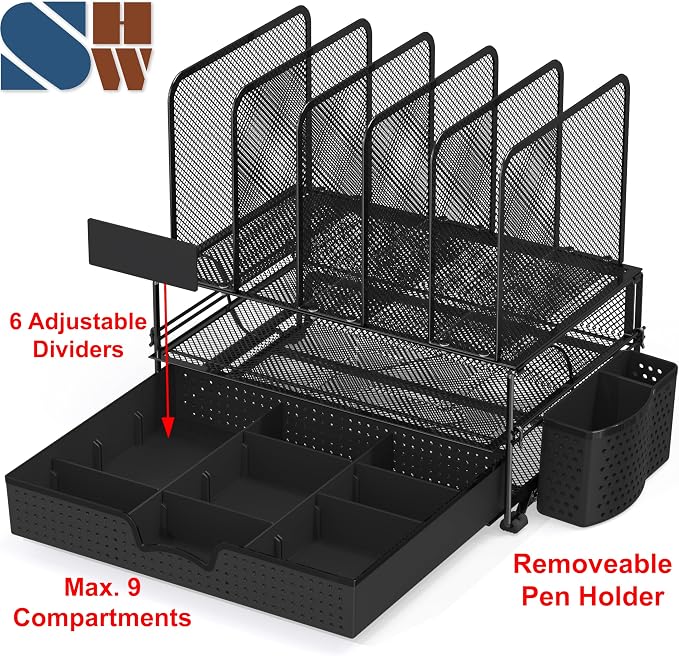 Simple Houseware Mesh Desk Organizer with Sliding Drawer, Double Tray and 5 Upright Sections, Black