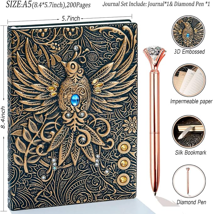 Vintage 3D Phoenix Embossed Leather Writing Journal with Diamond Pen Set,A5,200Pages,Antique Handmade Daily Notepad Sketchbook,Travel Diary&Notebook to Write in,for Women Men