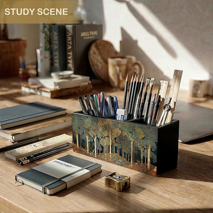 Rustic Forest William Morris Inspired Wooden Pencil Pen Holder for Desk Organizers and Accessories, Farmhouse Nature Forest Botanical Makeup Brush Holder Organizer for Bathroom Vanity