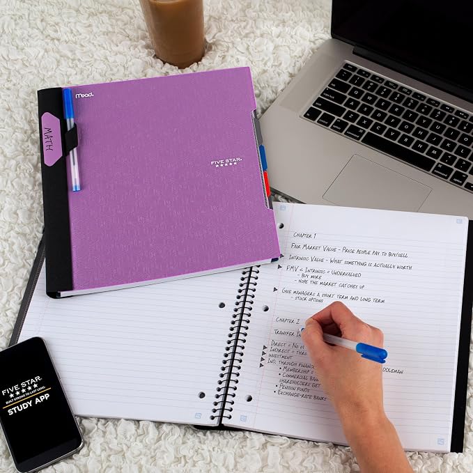 Five Star Advance Spiral Notebook + Study App, 3 Subject, College Ruled Paper, 8-1/2" x 11", 150 Sheets, Spiral Guard, Movable Tabbed Dividers, Amethyst Purple (820060G) (Pack of 6)
