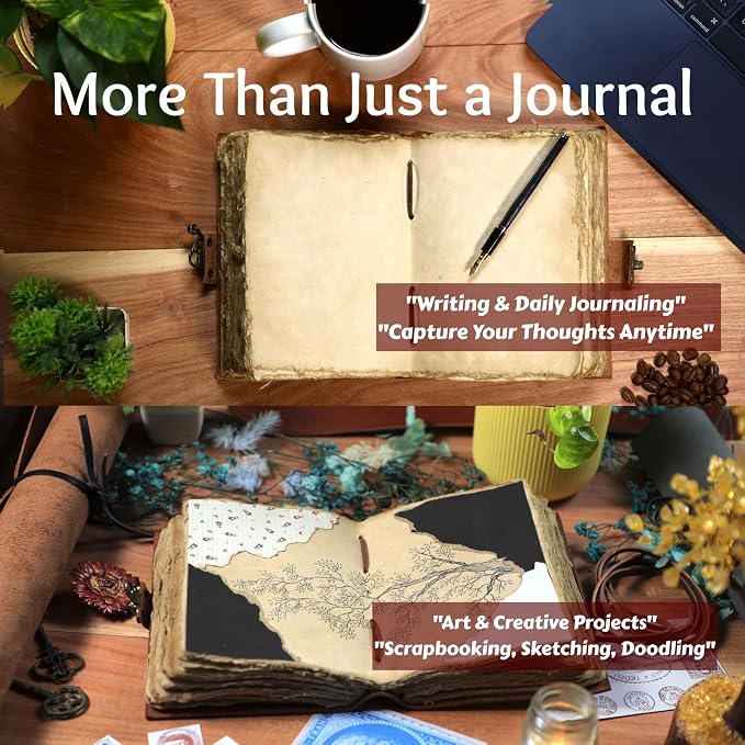 Leather Journal for Women & Men – Vintage Leather Bound Notebook with Lock, 200 Pages Handmade Deckle Edge Paper (200 GSM), Lay Flat Design, Book of Shadows