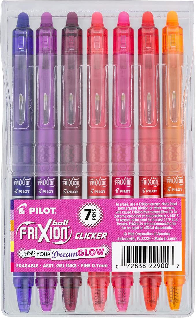 Pilot, FriXion Vibe Clicker Premium Erasable Gel Ink Pens, Find Your DreamGlow Vibe, Uplifting & Dreamy Colors, 7 Pack, Fine Point 0.7 mm, Assorted Pink/Purple Inks