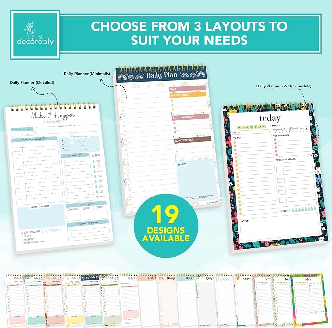 Decorably 52 Sheets Blue Undated Make It Happen Notepad - 6.5x10in Spring-Bound Daily Planner Tear Off for Schedule, Priorities, Agenda, Water Intake, Meals, Notes and Doodles - Home, Office