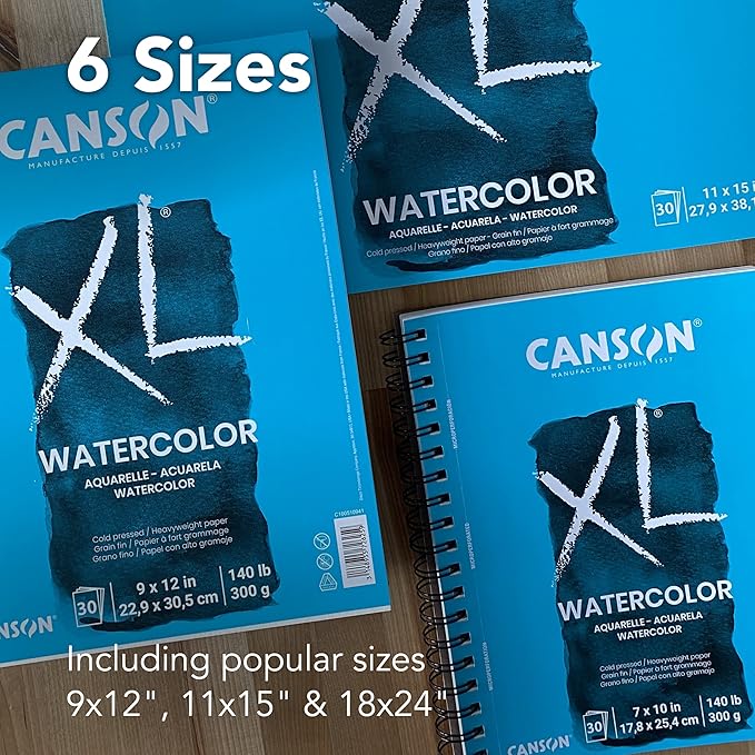 Canson XL Series Watercolor Paper Pad, 9" x 12", 30 Sheets/Pad, 6 Pads | Cold Press Textured Paper for Paint, Pencil, Ink, Charcoal, Pastel, and Acrylic, 140 lb. (300 gsm)