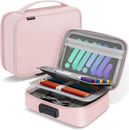 Zannaki Large Capacity Pencil Pouch Case with Lock, Pen Marker Stationery Bag Art Supply Storage Organizer Box for Bullet Journal Middle High School College Student Teen Girl Boy Women Adult, Pink
