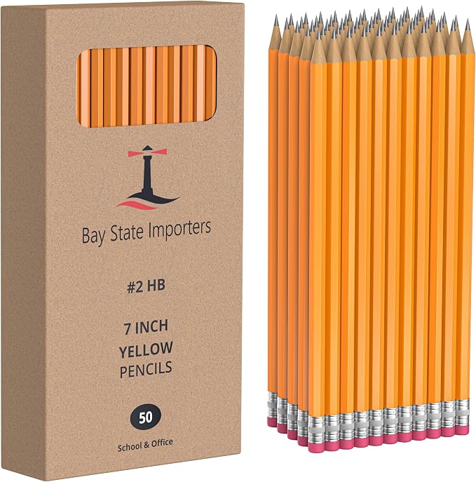 Bay State Importers #2 HB Pencils Bulk 50 Pack | Pre-Sharpened Yellow Wood Pencils with Erasers, Smooth Writing for School, Classroom, Teachers, Office, Exams & Drawing