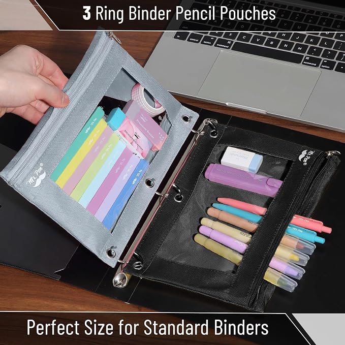 Mr. Pen- Pencil Pouch for 3 Ring Binder, 2 Pack, 10"x6.75", Smooth Zipper | Clear Window, Large Capacity Pencil Case with 3 Reinforced Grommets for School, Office, Supplies Storage | Clear Window, Large Capacity Pencil Case with 3 Reinforced Grommets f...