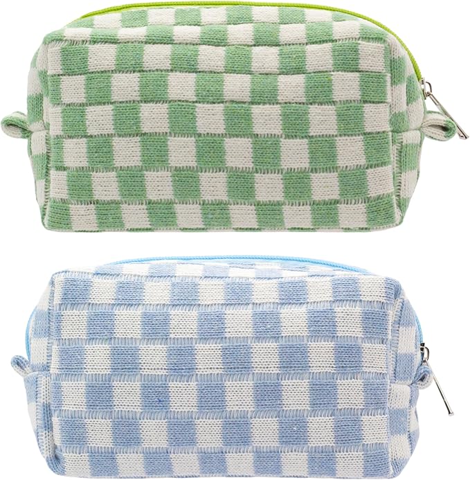 Checkered Makeup Bag for Purse, Small Cosmetic Pouch,Blue Green,2 Pack | Cute Zipper Makeup Organizer for Women, Travel Essentials, Toiletries, Makeup Brushes, Beauty Accessories&Bridesmaid Gifts