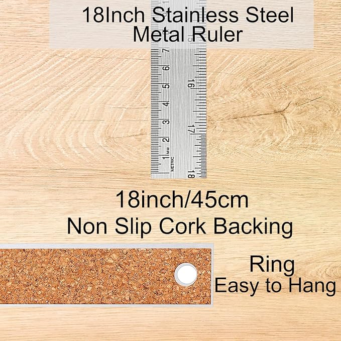 Metal Ruler 18 Inch: [1 Pieces 18 Inch] Non-Slip Cork Backing Rulers with Inch and Centimeters Prevent Ink Leakage:for School Office Drawing Engineering