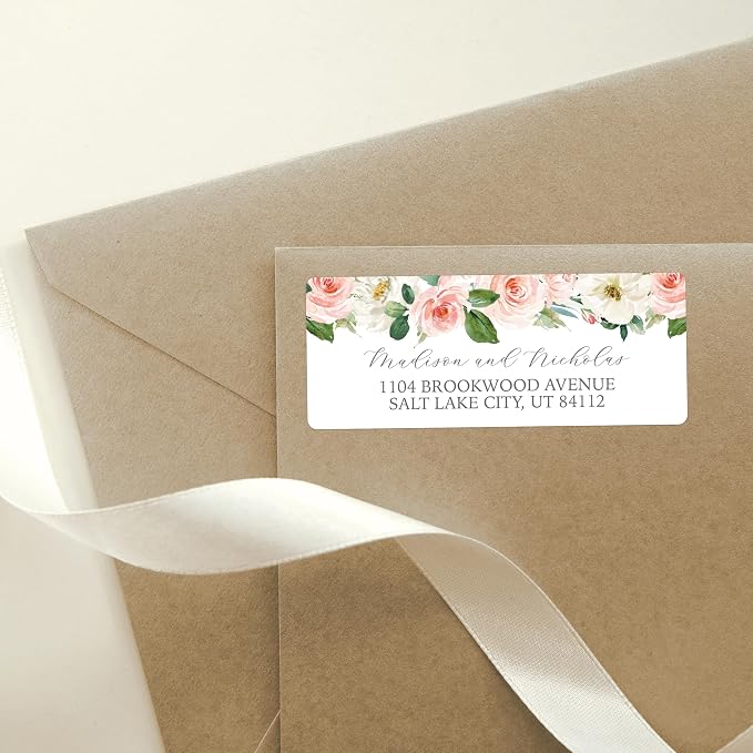 Return Address Labels Personalized with Your Choice of 30 Flower Styles - Choose Font and Font Color or Add Custom Text - Perfect for Wedding Envelopes (016 Pink and White Flowers)