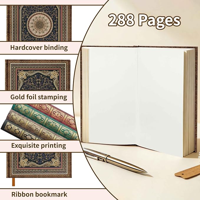 Mlife Thick Journal Blank Notebook,288 Pages A5 Notebook,120gsm Plain Paper,Vintage Hardcover Notebook with Gold-Embossed Floral for Men Women,5.5'' X 8.27''