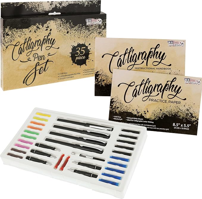 U.S. Art Supply 35-Piece Calligraphy Pen Set - 4 Pens, 5 Nibs, 22 Inks, Includes Calligraphy Pens for Writing, Beginners Handbook & Practice Paper Pad