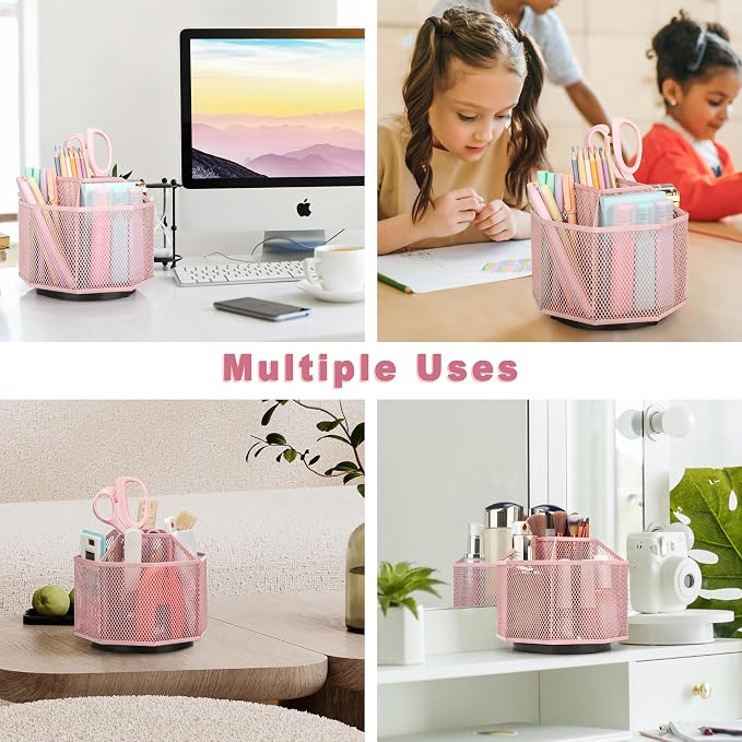 Exerz Desk Organizer 360 Rotating Pen Holder Storage Caddy Light Pink | Smooth Spinning Base with Open Mesh Sections Easy Access to Pens Brushes Scissors Daily Desk Tools