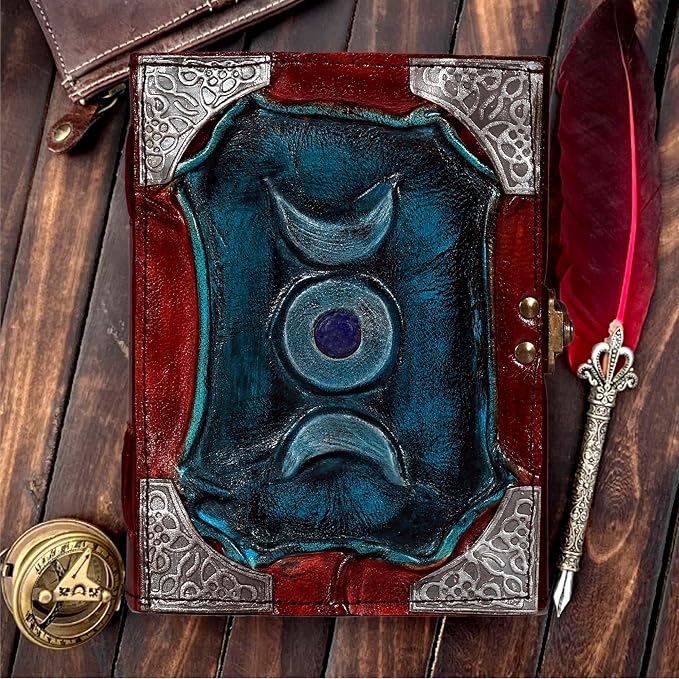 3 Moon Blue Lapis Embossed Vintage Leather Journal | 240 Pages of Antique Handmade Deckle Edge Vintage Paper, Leather Sketchbook, Embossed Drawing Journal (5x7 inch, Teal Blue)